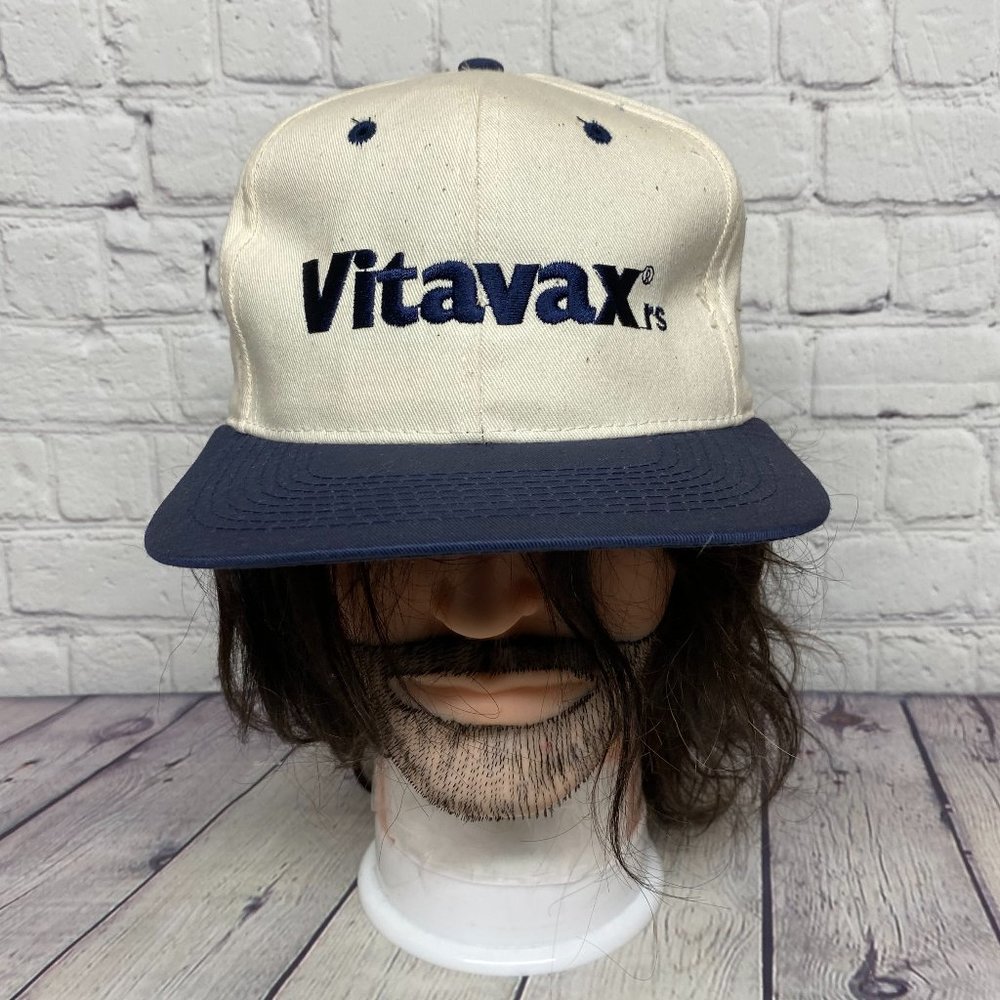 Vintage Farmer Hat Cap Snapback White Cream Navy Blue VITAVAX RS Fungicide Logo